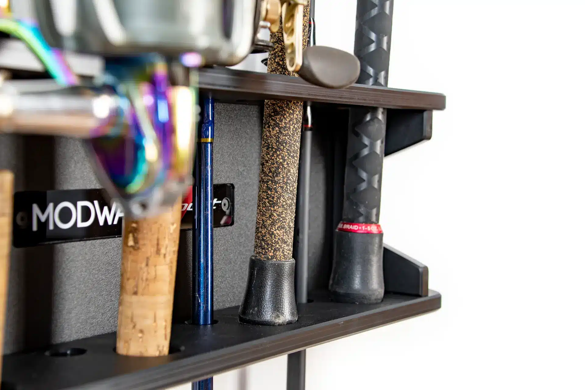 MWS Fishing Rack fishing gear wall organization mounts holding rods vertically