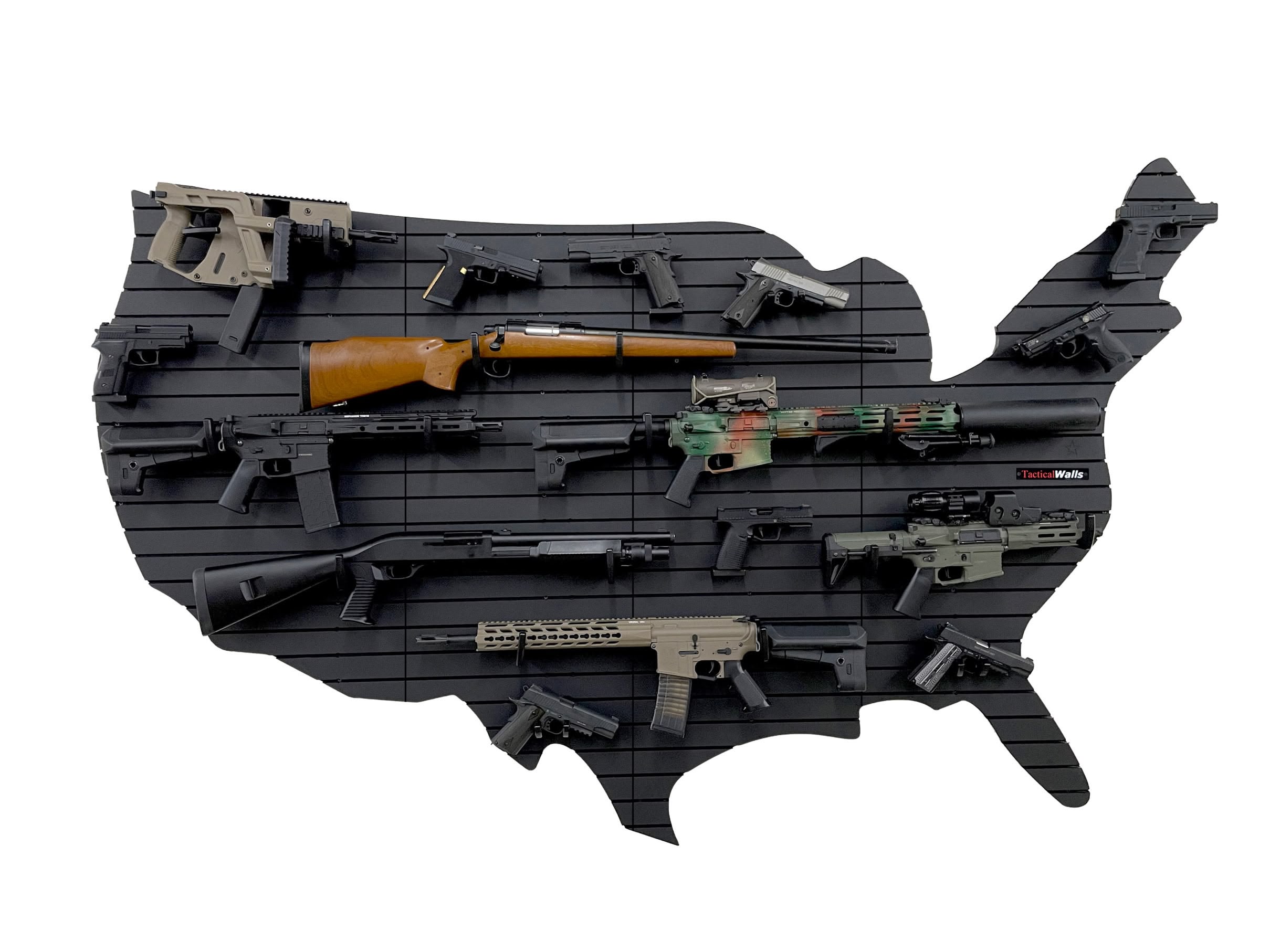 USA gun wall panels assembled to form the United States shape