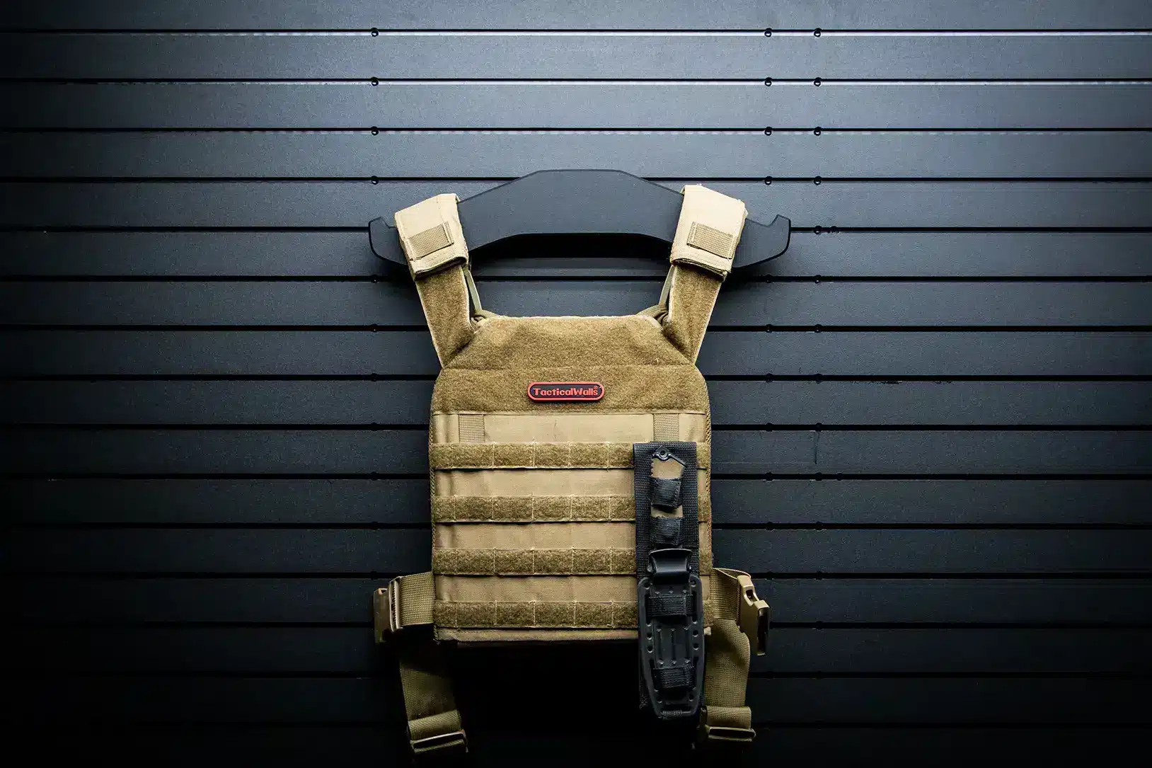 A front view of a plate carrier hung on a wall-mounted panel.