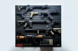 A ModWall 9 Gun Combo Pack mounted on a wall, showcasing a customizable layout of rifles, pistols, and tactical accessories on a black modular panel.