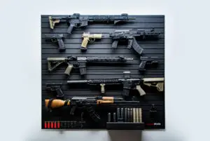 A ModWall 9 Gun Combo Pack mounted on a wall, showcasing a customizable layout of rifles, pistols, and tactical accessories on a black modular panel.