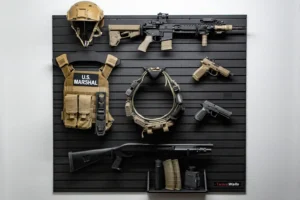 Front-facing view of the ModWall Yellowstone Marshals Gun Wall Package showcasing a modular tactical display with an AR-15, shotgun, handguns, and U.S. Marshal duty gear.