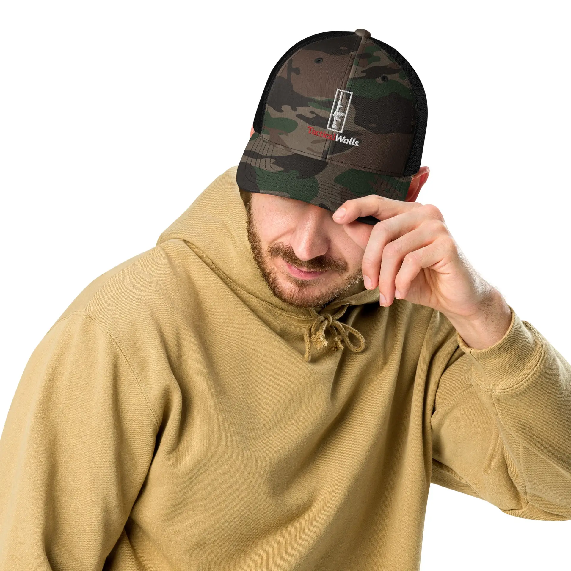 Camo trucker hat on model