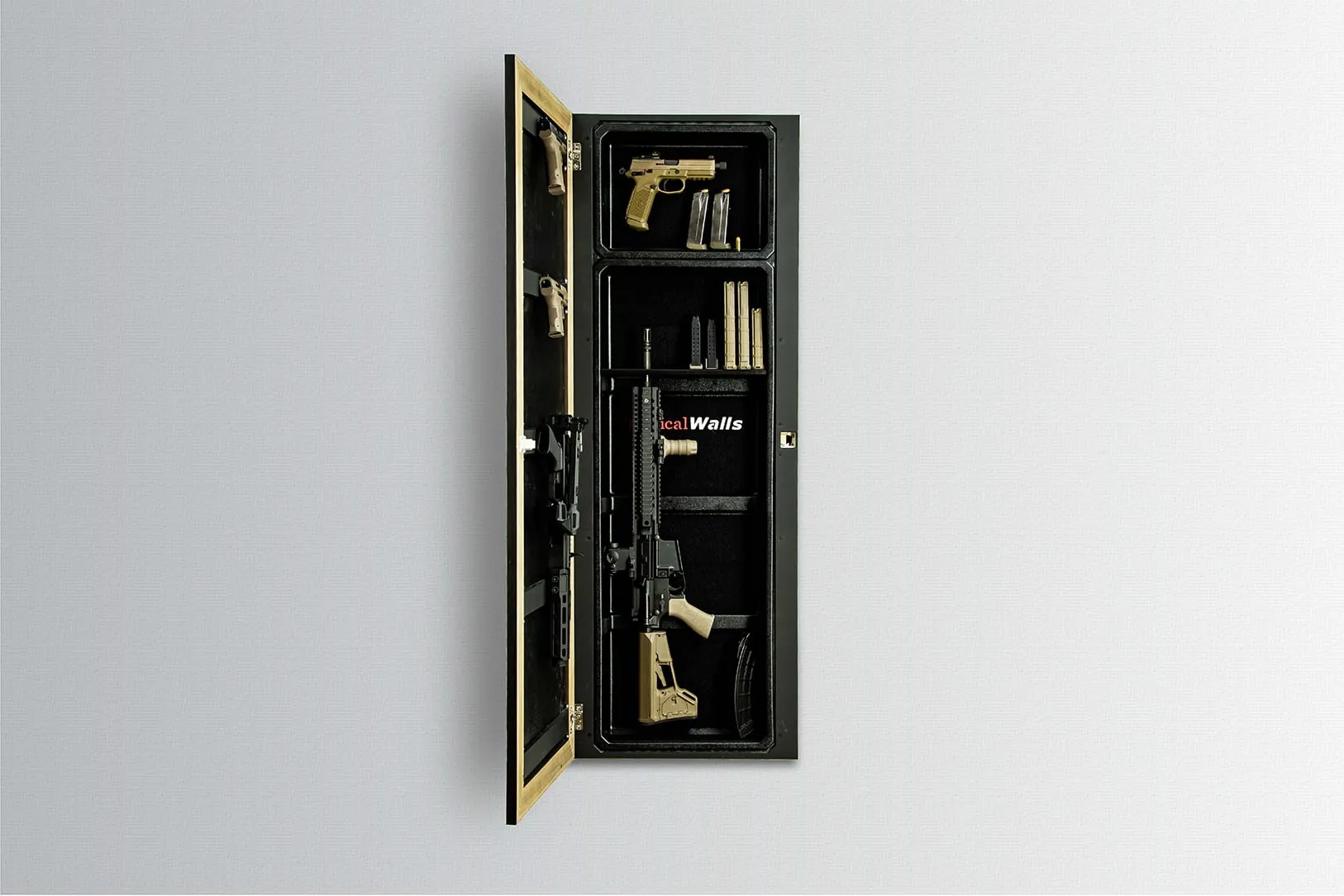 1450 Framed Concealment Mirror A full view of an open, recessed wall mirror revealing a hidden tactical storage compartment filled with rifles, handguns, and ammunition magazines.