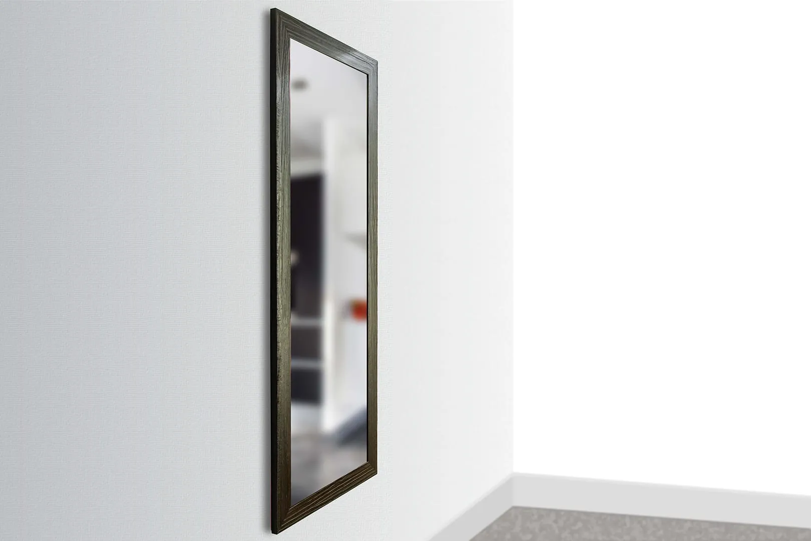 1450 Framed Concealment Mirror A full-length rectangular mirror with a dark, textured wood frame (Espresso variant) mounted vertically on a light gray wall.
