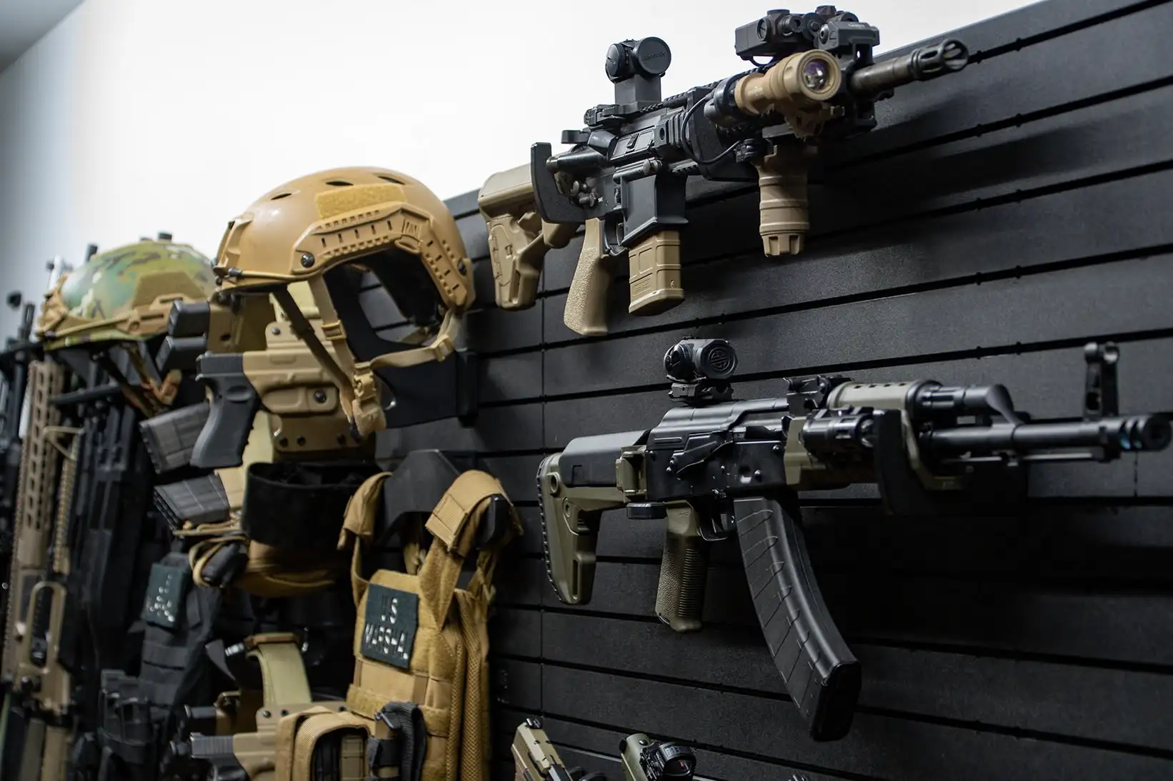 Yellowstone Marshals Arsenal Package Tactical rifles, including AR and AK variants, displayed on the ModWall Yellowstone Marshals Arsenal Package.