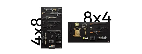 Oversized 4×8 ModWall Panels A tactical setup on two oversized black wall mounts, which spans 4'x8' and 8'x4'.