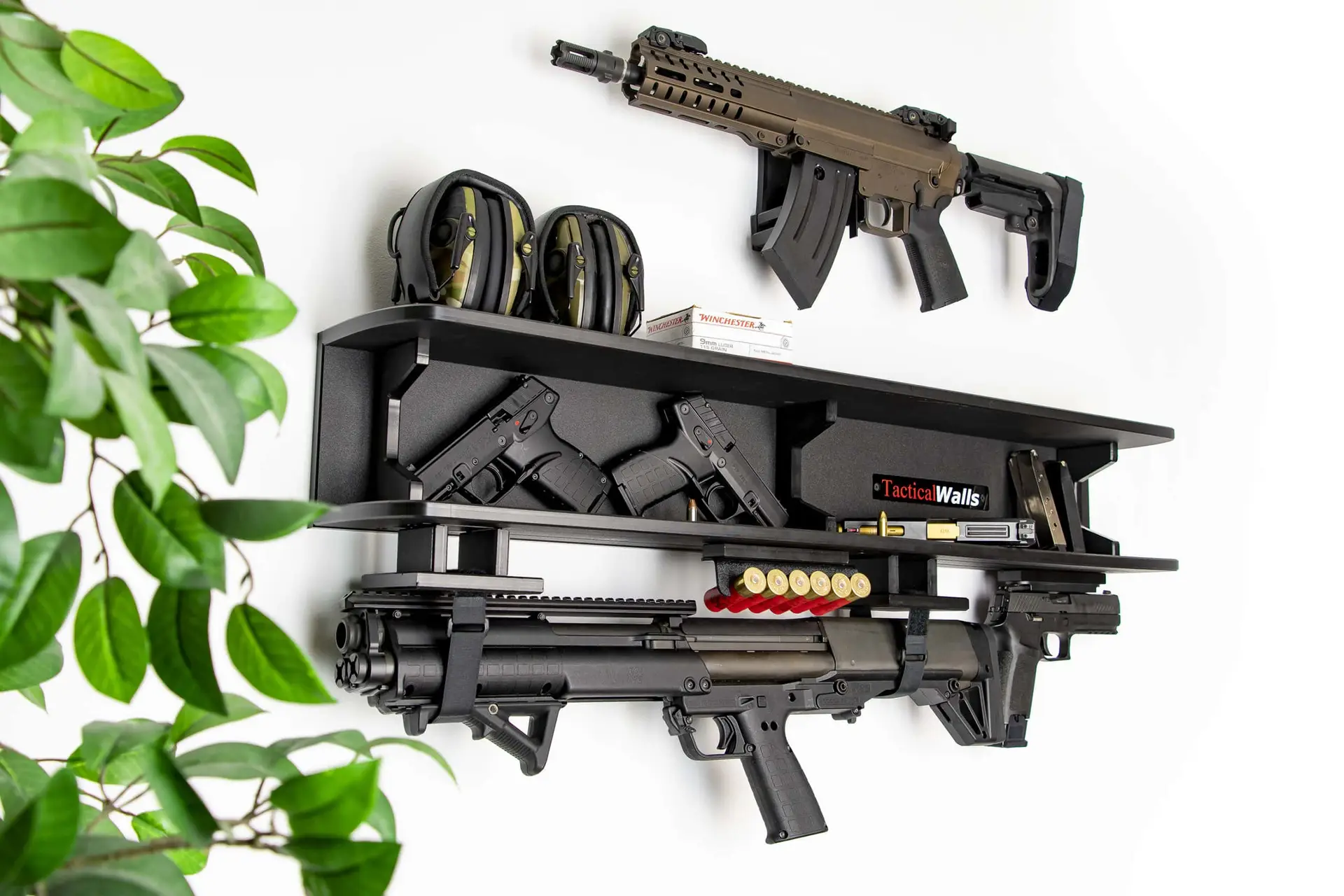ModWall Dual Shelf Package ifestyle shot of a garage wall with dual shelf gun storage and accessories.