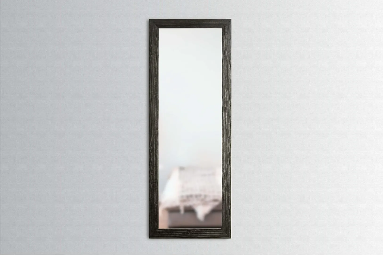 1450 Framed Concealment Mirror A full-length rectangular mirror with a brown (espresso color), textured wood-grain frame mounted vertically on a light gray wall.