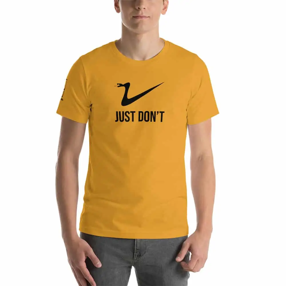 Model wearing a just don't t-shirt