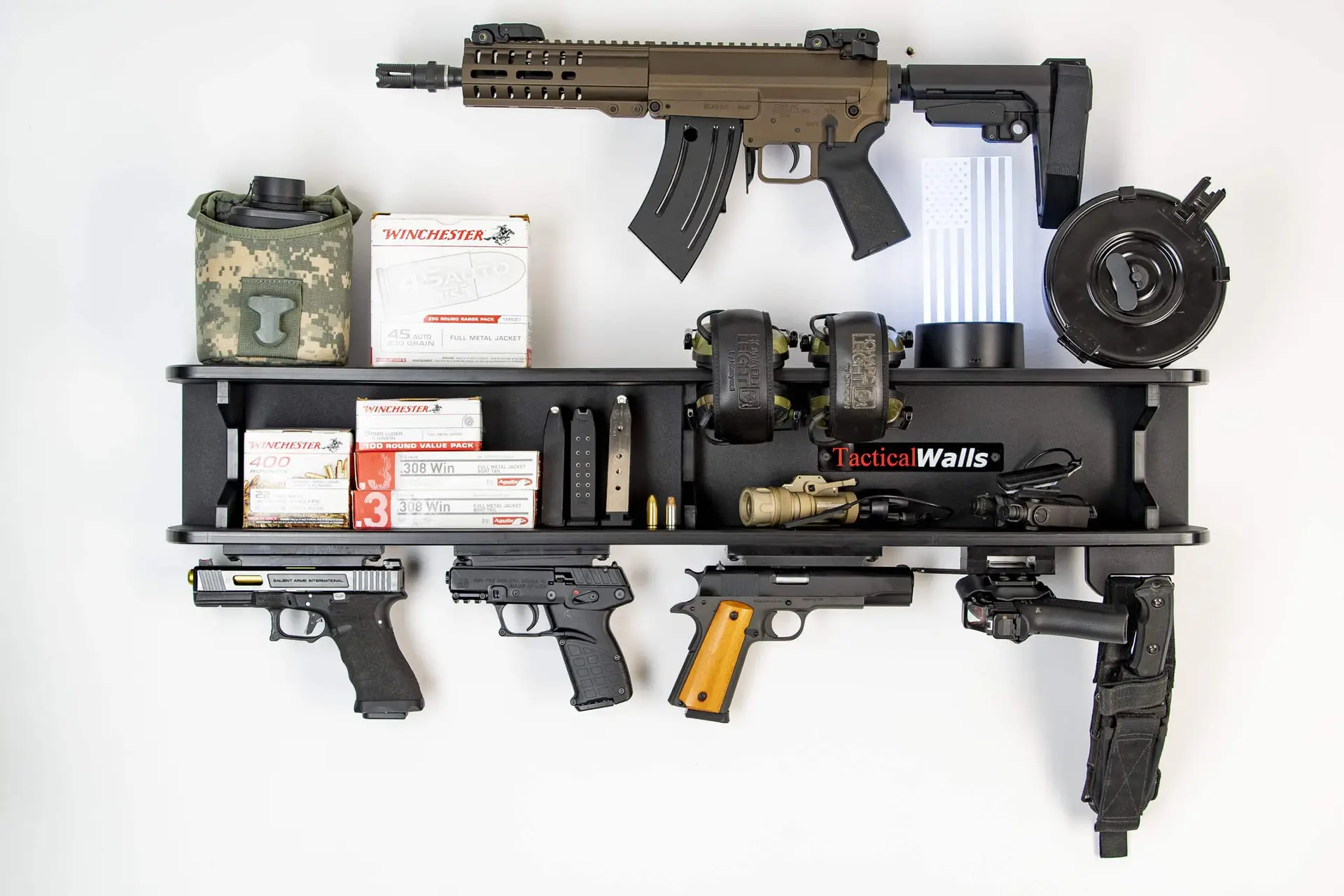 ModWall Dual Shelf Package Dual shelf gun storage mounted on a wall showing mounted accessories and hangers.