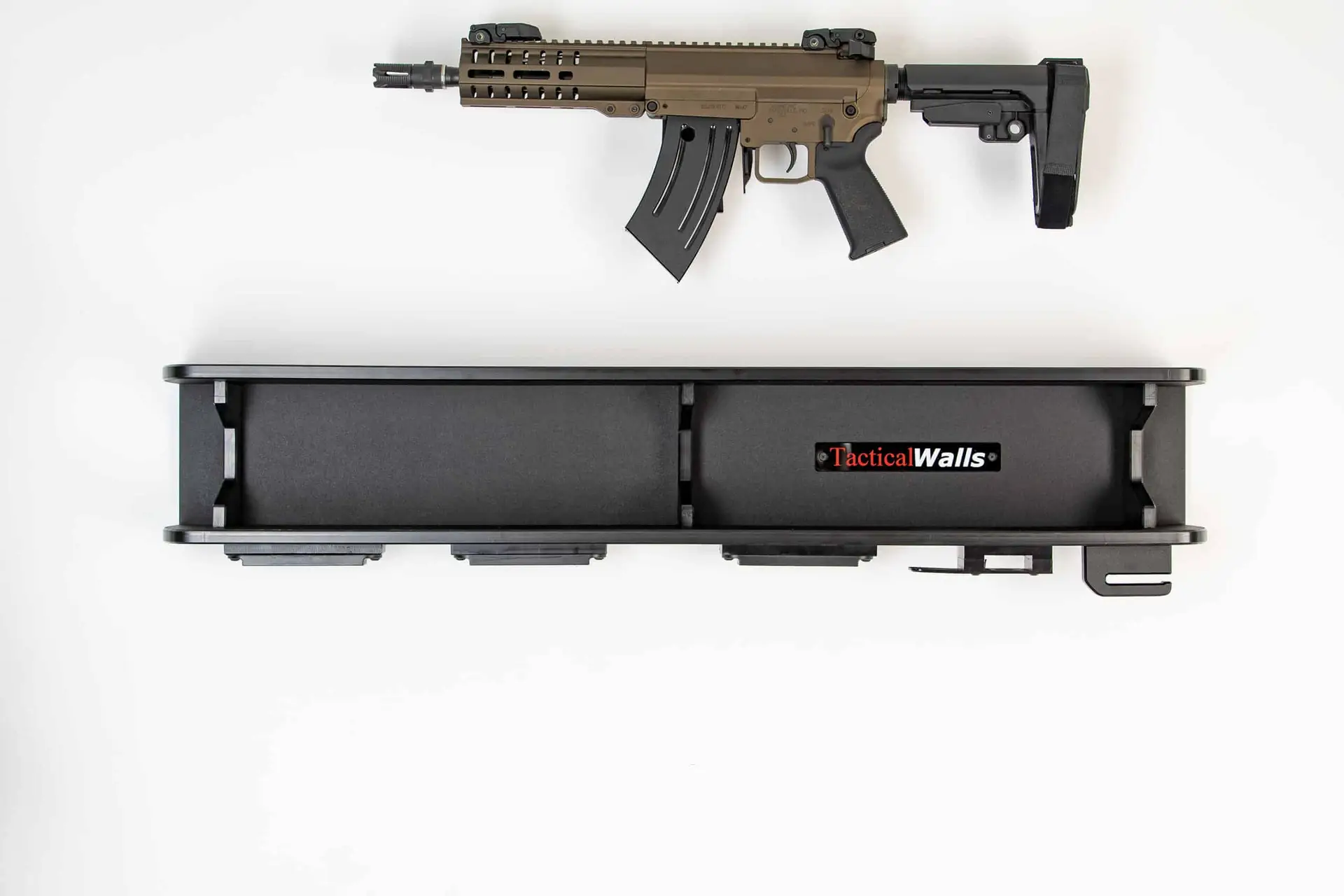 ModWall Dual Shelf Package ifestyle shot of a garage wall with dual shelf gun storage and accessories.