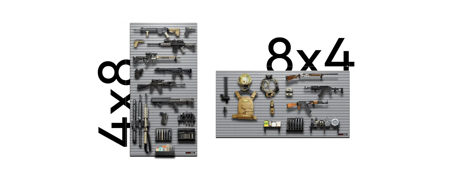 A tactical setup on two oversized black wall mounts, which spans 4'x8' and 8'x4'.