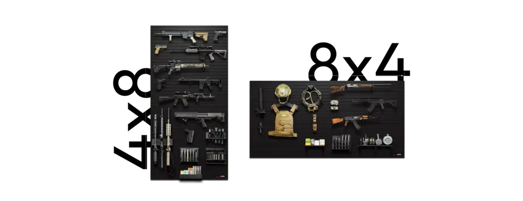Oversized 4×8 ModWall Panels A tactical setup on two oversized black wall mounts, which spans 4'x8' and 8'x4'.