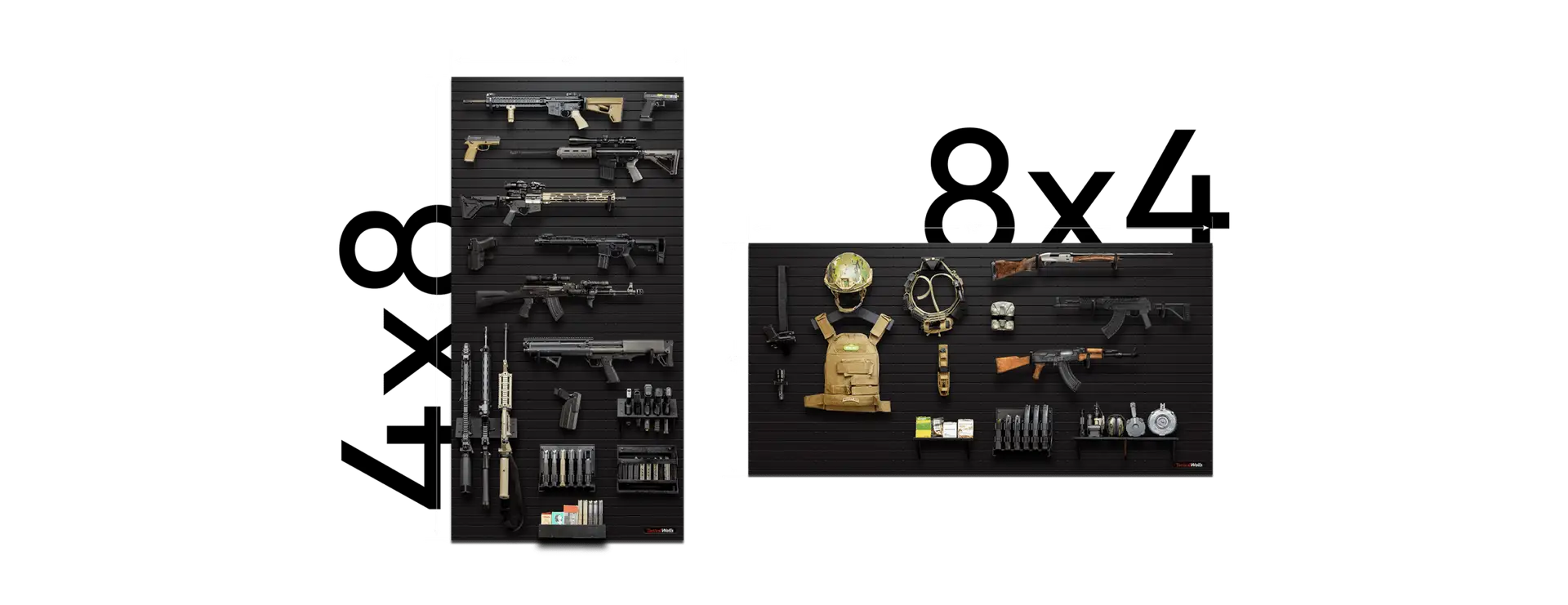 A tactical setup on two oversized black wall mounts, which spans 4'x8' and 8'x4'.