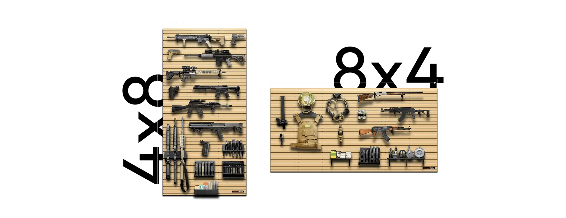 A tactical setup on two oversized tan wall mounts, which spans 4'x8' and 8'x4'.