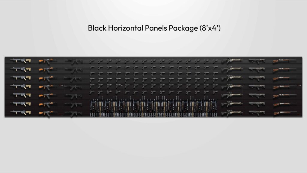 ModWall Gun Vault Package The horizontal orientation of the black variant of the gun room vault package, equipped with all accessories.