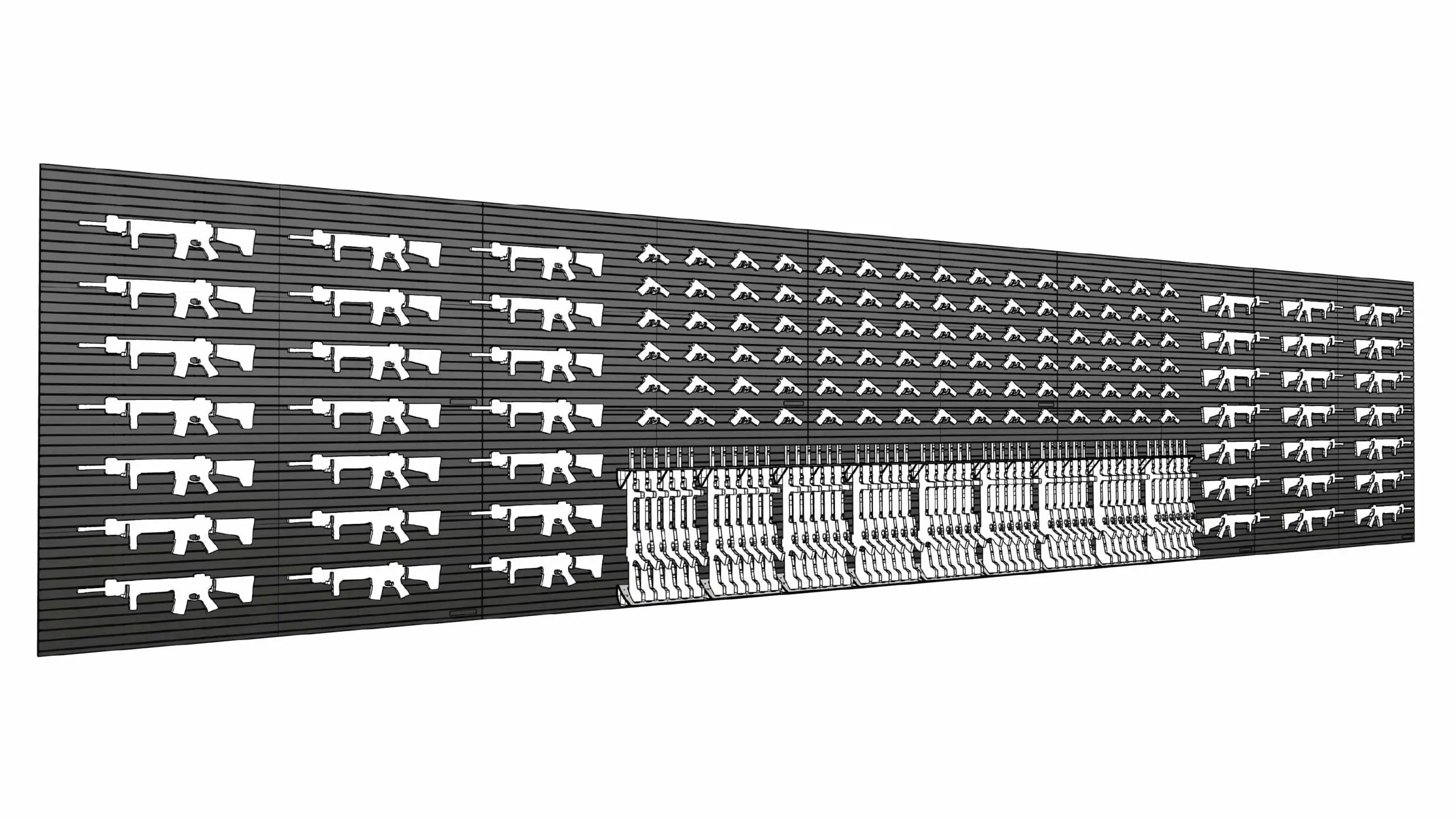 ModWall Gun Vault Package An angled black and white schematic of the gun room vault package featuring all included accessories.