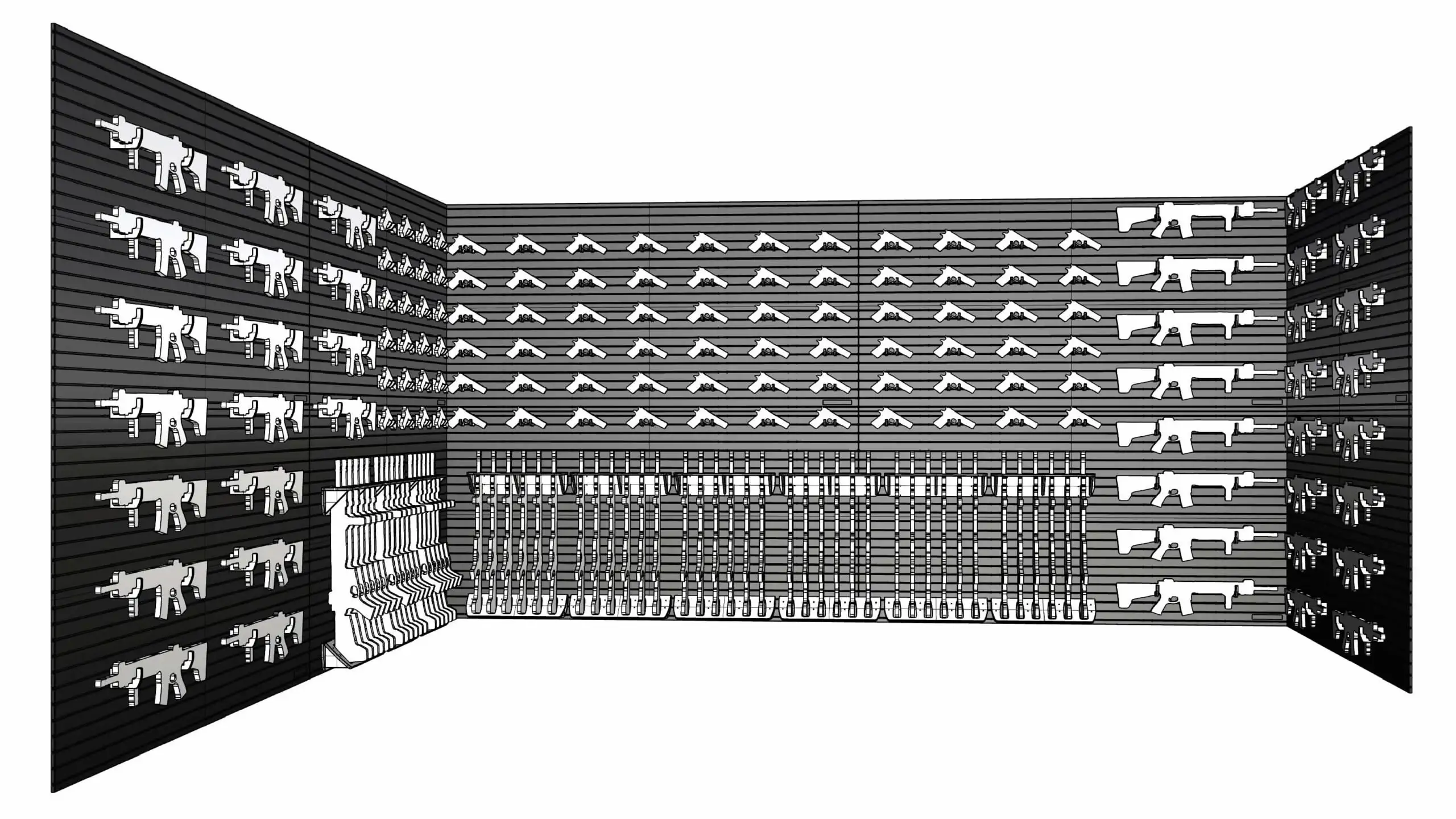 ModWall Gun Vault Package A black and white schematic of the gun room vault package featuring all included accessories, spanning 3 congruent walls.